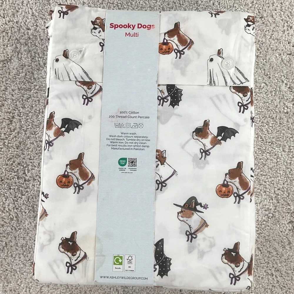 Cath Kidston Spooky Dogs Queen Sheet Set Halloween Frenchie Cotton 4pc New